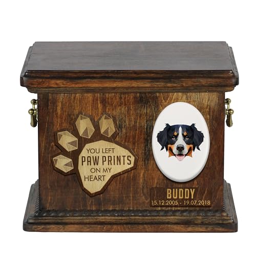 Art-Dog Custom Geometric Dog Memorial Urne - Handgefertigte Holzurne - Dekorativer Keramikteller - Maßgefertigte Hundeeinäscherungsbox für Asche - 8,3x11,4x8,7" - Berner Sennenhund von Art-Dog