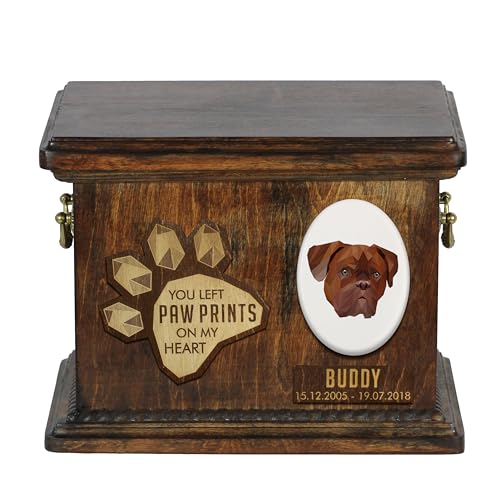 Art-Dog Custom Geometric Dog Memorial Urne - Handgefertigte Holzurne - Dekorativer Keramikteller - Maßgefertigte Hundeeinäscherungsbox für Asche - 8,3x11,4x8,7" - Hund von Bordeaux von Art-Dog