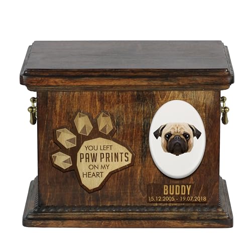 Art-Dog Custom Geometric Dog Memorial Urne - Handgefertigte Holzurne - Dekorativer Keramikteller - Maßgefertigte Hundeeinäscherungsbox für Asche - 8,3x11,4x8,7" - Mops von Art-Dog