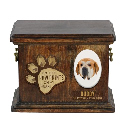 Art-Dog Custom Geometric Dog Memorial Urne - Handgefertigte Holzurne - Dekorativer Keramikteller - Maßgefertigte Hundeeinäscherungsbox für Asche - 8,3x11,4x8,7" - Spanischer Mastiff von Art-Dog