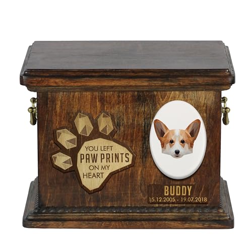 Art-Dog Custom Geometric Dog Memorial Urne - Handgefertigte Holzurne - Dekorativer Keramikteller - Maßgefertigte Hundeeinäscherungsbox für Asche - 8,3x11,4x8,7" - Waliser Corgi von Art-Dog