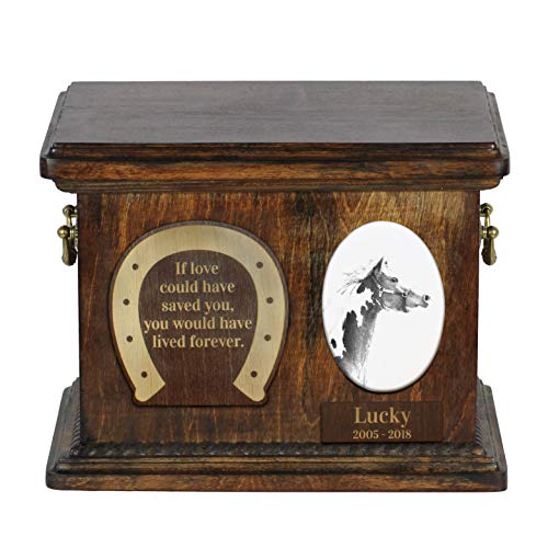 Art-Dog Custom Horse Memorial Urn - Handgefertigte Holzurne - Personalisierte Keramikplatte und Gravur - Haltbare und langlebige Pferdeeinäscherungsbox - 8,3x11,4x8,7" - Amerikanisches Paint Horse von Art-Dog