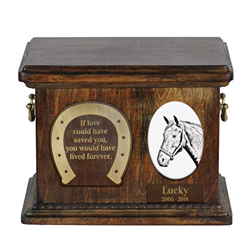 Art-Dog Custom Horse Memorial Urn - Handgefertigte Holzurne - Personalisierte Keramikplatte und Gravur - Haltbare und langlebige Pferdeeinäscherungsbox - 8,3x11,4x8,7" - Dänisches Warmblut von Art-Dog