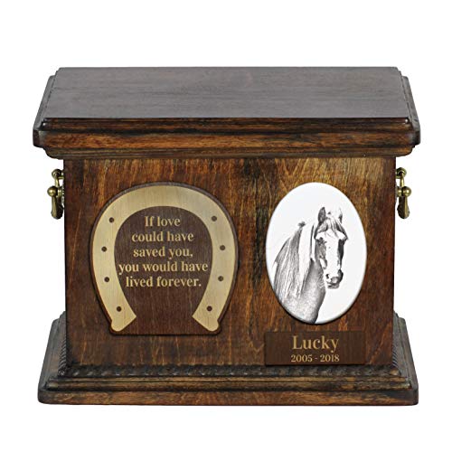 Art-Dog Custom Horse Memorial Urn - Handgefertigte Holzurne - Personalisierte Keramikplatte und Gravur - Haltbare und langlebige Pferdeeinäscherungsbox - 8,3x11,4x8,7" - Fell Pony von Art-Dog