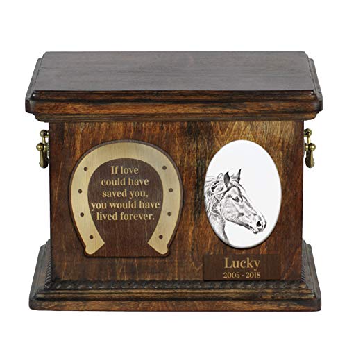 Art-Dog Custom Horse Memorial Urn - Handgefertigte Holzurne - Personalisierte Keramikplatte und Gravur - Haltbare und langlebige Pferdeeinäscherungsbox - 8,3x11,4x8,7" - Freiberger von Art-Dog