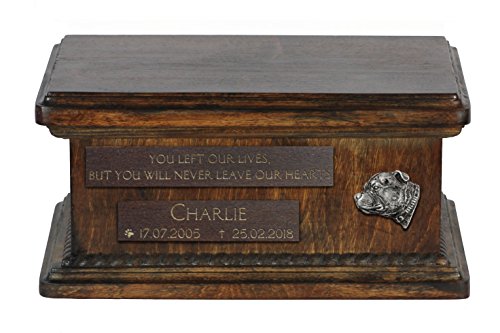 Art-Dog Custom Low Memorial Urne - Handgemachte Bronze Porträt auf Birke Basis - Personalisierte Hund Kremation Box - Langlebige - 8,3x11,4x4,3" - Staffordshire Bullterrier mit neuem Halsbandmodell von Art-Dog