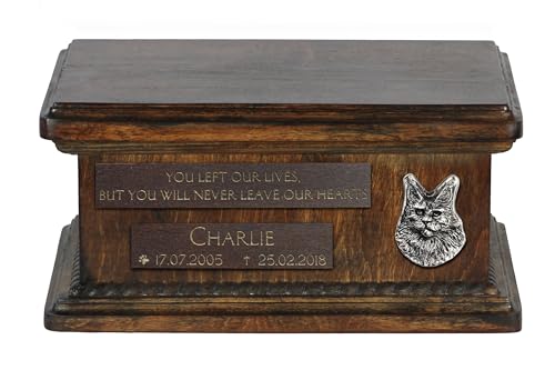 Art-Dog Custom Low Memorial Urne - Handgemachte Bronze Porträt auf Birke Basis - Personalisierte Hund Kremation Box - Langlebige Vessel - 8,3x11,4x4,3" - Amerikanische Waldkatze von Art-Dog