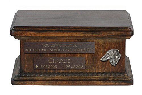 Art-Dog Custom Low Memorial Urne - Handgemachte Bronze Porträt auf Birke Basis - Personalisierte Hund Kremation Box - Langlebige Vessel - 8,3x11,4x4,3" - Barsoi von Art-Dog