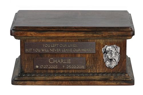 Art-Dog Custom Low Memorial Urne - Handgemachte Bronze Porträt auf Birke Basis - Personalisierte Hund Kremation Box - Langlebige Vessel - 8,3x11,4x4,3" - Border Collie von Art-Dog