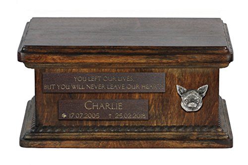 Art-Dog Custom Low Memorial Urne - Handgemachte Bronze Porträt auf Birke Basis - Personalisierte Hund Kremation Box - Langlebige Vessel - 8,3x11,4x4,3" - Chihuahua (glatthaarig) von Art-Dog