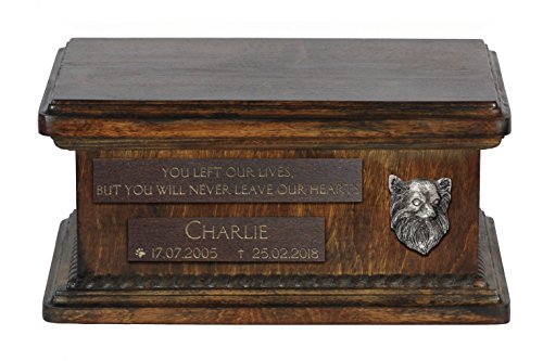 Art-Dog Custom Low Memorial Urne - Handgemachte Bronze Porträt auf Birke Basis - Personalisierte Hund Kremation Box - Langlebige Vessel - 8,3x11,4x4,3" - Chihuahua (langhaarig) von Art-Dog