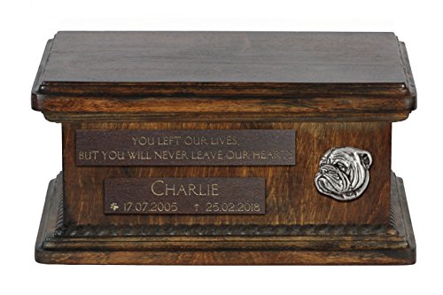 Art-Dog Custom Low Memorial Urne - Handgemachte Bronze Porträt auf Birke Basis - Personalisierte Hund Kremation Box - Langlebige Vessel - 8,3x11,4x4,3" - Englische Bulldogge, drittes Modell von Art-Dog