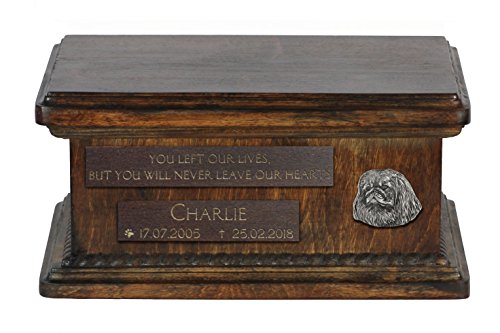 Art-Dog Custom Low Memorial Urne - Handgemachte Bronze Porträt auf Birke Basis - Personalisierte Hund Kremation Box - Langlebige Vessel - 8,3x11,4x4,3" - Pekinese von Art-Dog