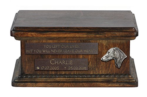 Art-Dog Custom Low Memorial Urne - Handgemachte Bronze Porträt auf Birke Basis - Personalisierte Hund Kremation Box - Langlebige Vessel - 8,3x11,4x4,3" - Salukis von Art-Dog
