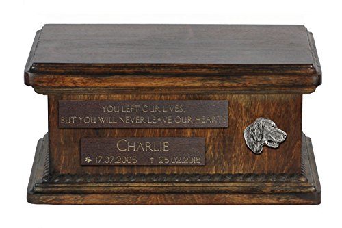 Art-Dog Custom Low Memorial Urne - Handgemachte Bronze Porträt auf Birke Basis - Personalisierte Hund Kremation Box - Langlebige Vessel - 8,3x11,4x4,3" - Setter von Art-Dog