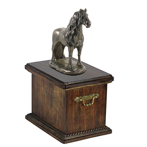 Art-Dog Handgefertigte Urne für Pferdeasche - Kaltgegossene Bronzestatue - Individuelle Einäscherungsbox - Hölzerne Gedenkurne - 46,5x29x21cm - Friesenhengst von Art-Dog