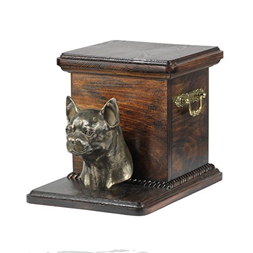 Art-Dog Handmade Custom Dog Memorial Urne - Bronze-Hundekopf auf Birkensockel - Langlebige personalisierte Hundeeinäscherungsbox - 19cmx31cmx22cm - Chihuahua (glatt) von Art-Dog