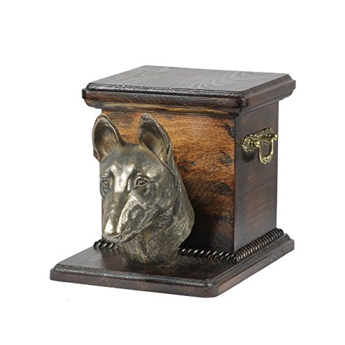 Art-Dog Handmade Custom Dog Memorial Urne - Bronze-Hundekopf auf Birkensockel - Langlebige personalisierte Hundeeinäscherungsbox - 19cmx31cmx22cm - Malinois von Art-Dog