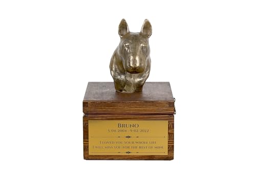 Art-Dog Handmade Custom Hund Gedenkurne - Bronze-Kaltguss Hundekopf auf Birke Basis - Langlebige personalisierte Hund Kremation Box - 16x28x16cm - Bullterrier I von Art-Dog