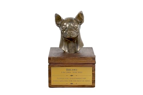 Art-Dog Handmade Custom Hund Gedenkurne - Bronze-Kaltguss Hundekopf auf Birke Basis - Langlebige personalisierte Hund Kremation Box - 16x28x16cm - Chihuahua I von Art-Dog