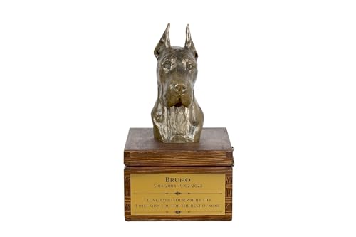 Art-Dog Handmade Custom Hund Gedenkurne - Bronze-Kaltguss Hundekopf auf Birke Basis - Langlebige personalisierte Hund Kremation Box - 16x28x16cm - Deutsche Dogge von Art-Dog
