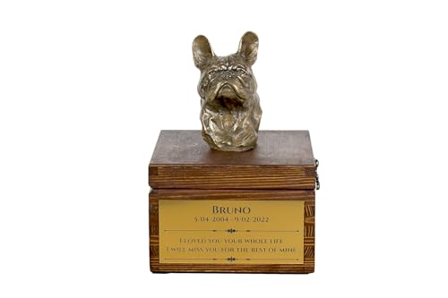 Art-Dog Handmade Custom Hund Gedenkurne - Bronze-Kaltguss Hundekopf auf Birke Basis - Langlebige personalisierte Hund Kremation Box - 16x28x16cm - Französische Bulldogge von Art-Dog