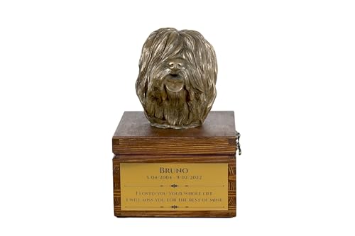Art-Dog Handmade Custom Hund Gedenkurne - Bronze-Kaltguss Hundekopf auf Birke Basis - Langlebige personalisierte Hund Kremation Box - 16x28x16cm - Polnischer Tiefland-Schäferhund von Art-Dog