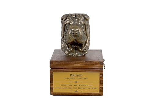Art-Dog Handmade Custom Hund Gedenkurne - Bronze-Kaltguss Hundekopf auf Birke Basis - Langlebige personalisierte Hund Kremation Box - 16x28x16cm - Shar Pei von Art-Dog