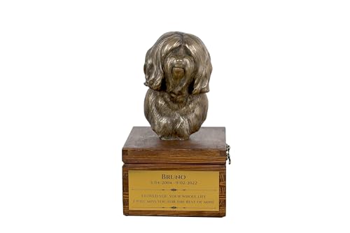 Art-Dog Handmade Custom Hund Gedenkurne - Bronze-Kaltguss Hundekopf auf Birke Basis - Langlebige personalisierte Hund Kremation Box - 16x28x16cm - Tibetischer Terrier von Art-Dog