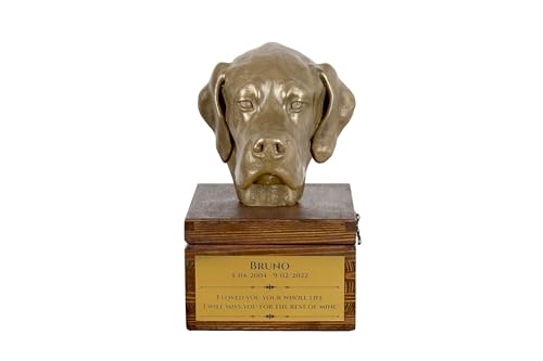 Art-Dog Handmade Custom Hund Gedenkurne - Bronze-Kaltguss Hundekopf auf Birke Basis - Langlebige personalisierte Hund Kremation Box - 16x28x16cm - Zeiger von Art-Dog