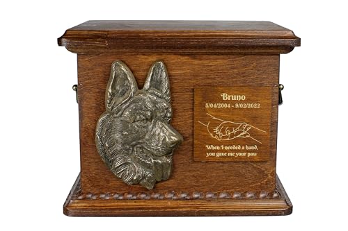 Art-Dog Urne für Hundeasche - Handgefertigte Gedenkstätte mit Relief, personalisierter Gravur und Bronzebüste - Haustier-Gedenkurne - 8.3x11.4x8.7 - Deutscher Schäferhund I von Art-Dog