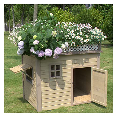 Outdoor-Hundehütte aus Holz, wetterfest, erhöhte Haustierhütte mit Vordertür, Seitenfenstern, Deck, geeignet für draußen und drinnen von ArtRay