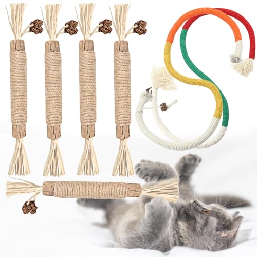 Aruigu 7 Stück Katzenminze Sticks, 2 Beißseilen für Katzen und 5 Stück Katzen Kauhölzer Sticks für Zahnpflege & Gegen Mundgeruch Natürlich Sicher Katzensticks Kausticks (katzenspielzeug) von Aruigu