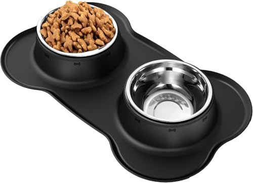 AsFrost Hunde Futternäpfe Edelstahl Hunde Futter Wassernäpfe, Hunde Geschirr Set mit Kein Verschütten rutschfeste Silikonmatte, Doppel-Futternäpfe für Kleine Mittlere Große Größe Hunde Haustiere Katzen Welpen, Schwarz AsFrost Hunde Futternäpfe Edelstahl Hunde Futter Wassernäpfe, Hunde Geschirr Set mit Kein Verschütten rutschfeste Silikonmatte, Doppel-Futternäpfe für Kleine Mittlere Große Größe Hunde Haustiere Katzen Welpen, Schwarz von AsFrost