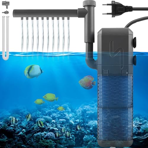 Asfrode Aquarium Filter, 9W 800L/H Aquarium Schwammfilter Aquarium Pumpe Aquarienfilter Leiser Innenfilter Filterpumpe mit 2 Wasserauslässen für 20-100L Fisch Turtle Tank Aquarium von Asfrode