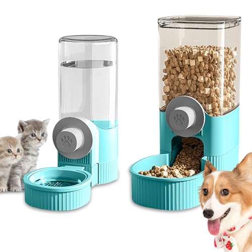 Automatischer Futterspender, Futterautomat Katze 520ML Schwerkraft Wasserspender und 1.2L Futterautomat Katze & Hund für Nass-/Trockenfutter, für kleine, mittelgroße und große Haustiere(Blau) von Asfrode
