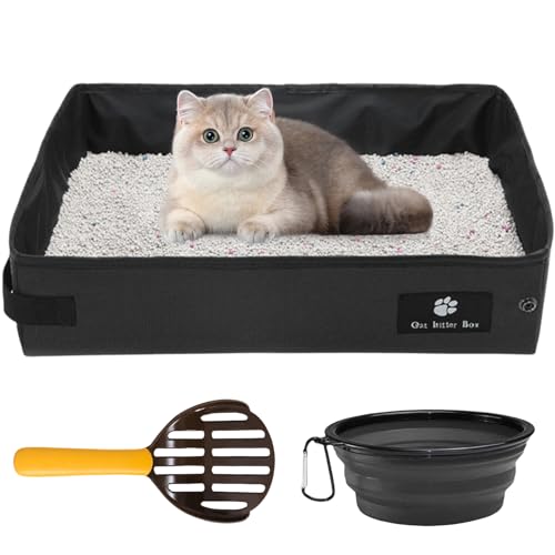 Faltbare Katzentoilette, 40 * 30cm Tragbare Katzenklo für Reisen, Wasserdicht mit 1 Zusammenklappbaren Schüssel und 1 Schaufel (Schwarz) von Asfrode