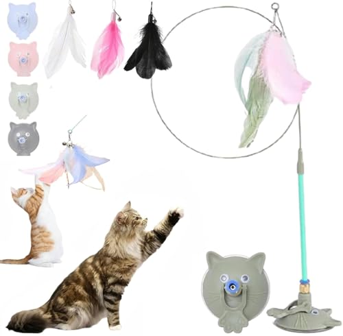 Ashopfun Meowmastery Spielzeug, Meowmastery Teaser Zauberstab mit 3 austauschbaren Federn, interaktiver Katzen-Teaser mit starkem Saugnapf, Jagd- und Jagdspielzeug für Katzen, Training und von Ashopfun