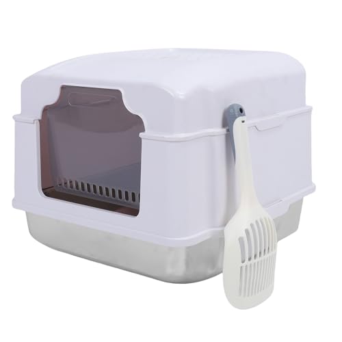 Asixxsix Edelstahlkatze Katzentoilette mit Deckel, Metallstreu Pfanne Geschlossene Katzendrüsenkästen Umfassen Schaufel, Katzen-Toilette, Absorbiert Niemals Gerüche von Asixxsix