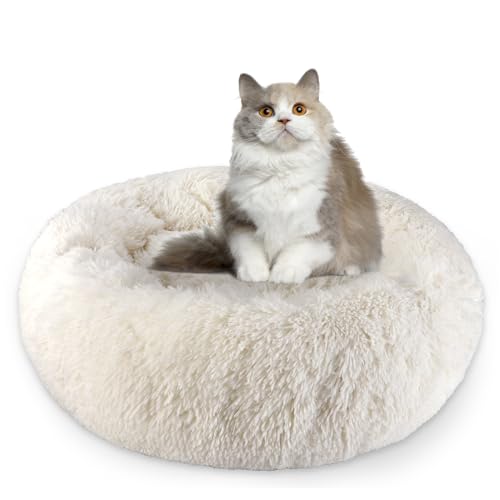 Aspand Katzenbett flauschig,Katzenkissen,60cm Ø - weiches und bequemes Haustierbett mit Rutschfester Unterseite für einen warmen und gemütlichen Schlafplatz,Beige von Aspand