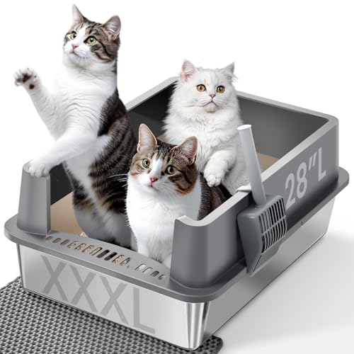 XXXL Katzentoilette aus Edelstahl mit Deckel, 71,1 x 50,8 x 35,6 cm, extra große hochseitige Metall-Katzentoilette, mit Schaufel, Katzentoilette, antihaftbeschichtet, Anti-Urinleckage, leicht zu von Asrug