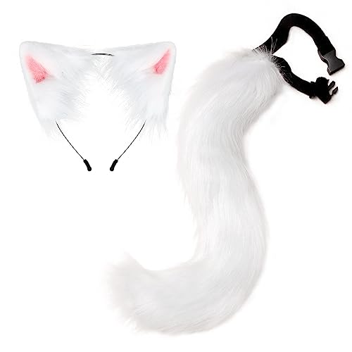 2 Stück Fuchsohren Und Schwanz Set,Asudaro Katzenohren Stirnband Tier Fuchsschwanz Unisex Cosplay Tier Katze Schwanz Und Ohren Haarband Für Cosplay Kostüm Haar Hoop Kopfschmuck Halloween Party Zubehör von Asudaro