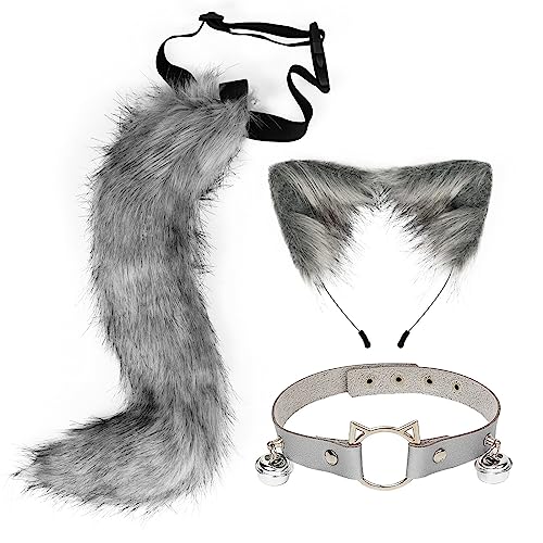 3 Stück Katzenohren Stirnband Schwanz Set,Asudaro Katzenohren Stirnband Tier Fuchs Schwanz Cosplay Kostüm Haarreifen Kopfschmuck Halloween Cosplay Biegbar Lang Tier Fuchs Katze 50cm Typ 2 von Asudaro