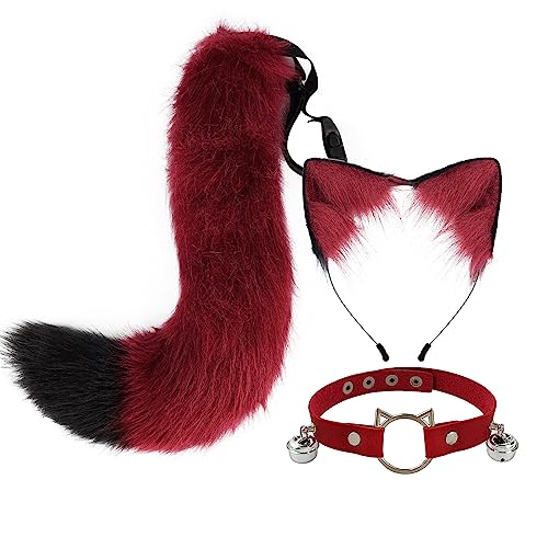 3 Stück Katzenohren Stirnband Schwanz Set,Asudaro Katzenohren Stirnband Tier Fuchs Schwanz Cosplay Kostüm Haarreifen Kopfschmuck Halloween Cosplay Biegbar Lang Tier Fuchs Katze 50cm Typ 9 von Asudaro