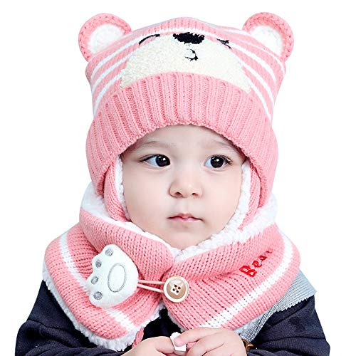 Asudaro Baby Mütze Schal für Jungen Mädchen, Winter Mütze Schal Earflap Strickmütze Warme Fleece Futter Beanie Nackenwärmer Accessorry für 6-24 Monate Baby Rosa von Asudaro