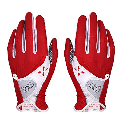 Asudaro Golf Handschuhe 1 Paar PU rutschfeste Partikel Damen Sommer Golfhandschuhe für Rechtshänder Linkshänder Feste Verstellbare Atmungsaktive Handschuhe Outdoor-Sportarten Rot von Asudaro