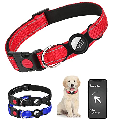 Airtag Hundehalsband, Mit GPS-Ortung Hundehalsband, Apple Airtag für Hunde, Bequem und Verstellbar Hunde Halsband, Integriertes Air Tag für kleine, Mittelgroße und Große Hunde (Rot, L (42cm~65cm)) von Asvin