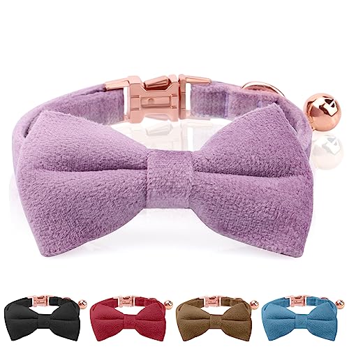 Asvin Katzenhalsband aus Samtige-mit Glöckchen und Fliege, verstellbar Halsband Katze für Hochzeiten für Kitten Halsband (Lila) von Asvin