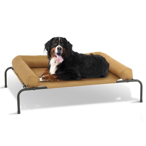 Athena Collection Erhöhtes Hundebett für den Außenbereich mit abnehmbaren Nackenrollen, 140 cm, erhöhtes Hundebett, waschbar, mit Metallrahmen, rutschfeste Füße für große Hunde, Braun von Athena Collection