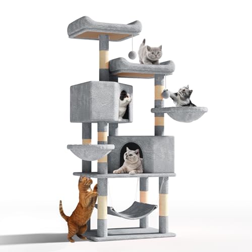 Athena Collection Katzenbaumturm, moderner 147,7 cm hoher Katzenbaum, Claimbing Tower mit Kratzbaum, 2 Höhlen, 3 Hängematten, mehrstufige Aktivitätsplattform und Spielball für den Innenbereich, große von Athena Collection